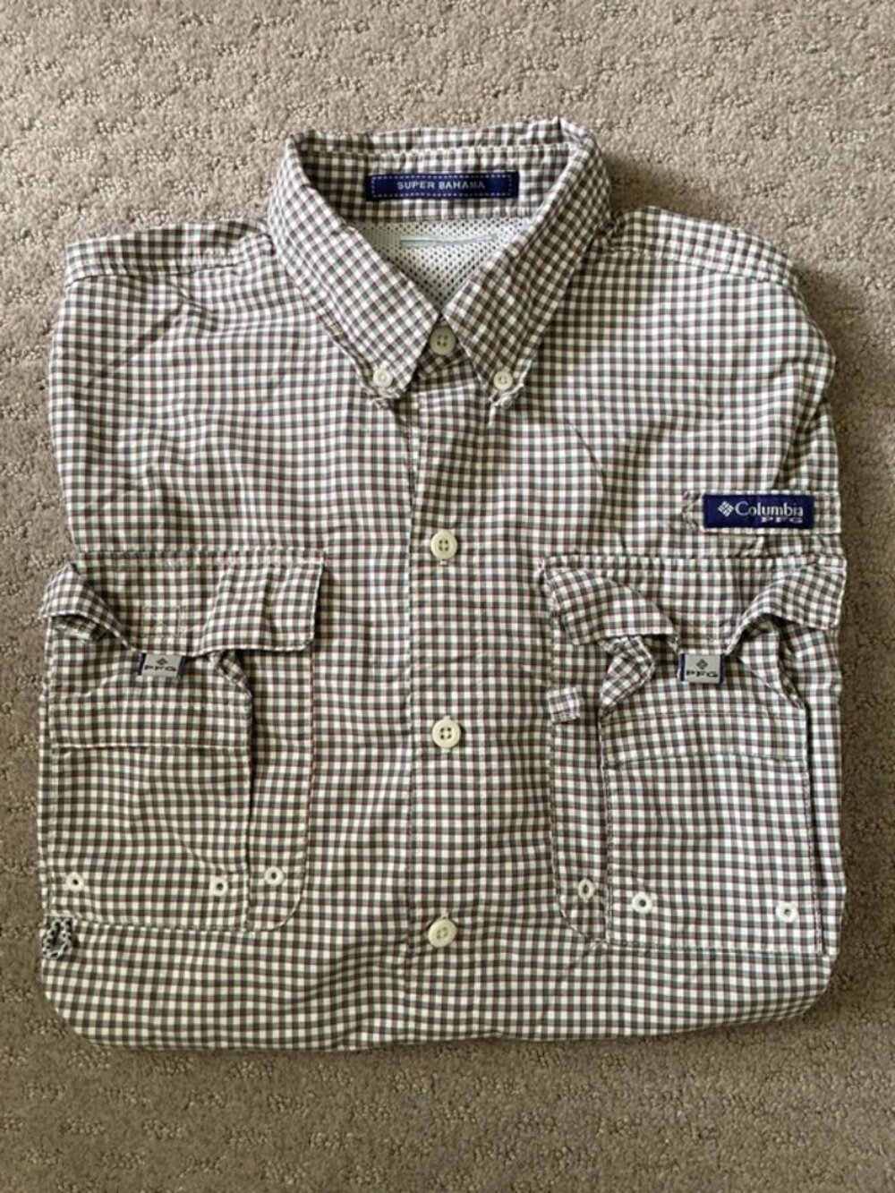 Columbia PFG Super Bahama gray check shirt, Medium.